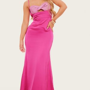 Dark Pink Satin Contrast Front Twist Cup Midaxi Dress
