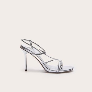 Silver Wide Fit Pu Strappy Asymmetric Buckle High Stiletto Heeled Sandals