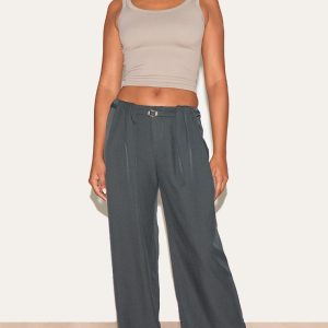 Slate Grey Woven Pleated Belt Detail Wide Leg Trousers