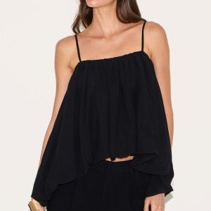 Black Puffball Chiffon Spaghetti Strap Cami