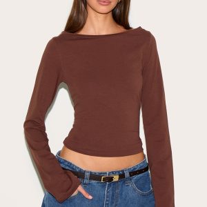 Chocolate Crew Neck Flared Sleeve Long Top