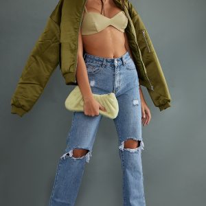 PRETTYLITTLETHING Tall Mid Blue Wash Ripped Long Leg Mid Rise Straight Jeans