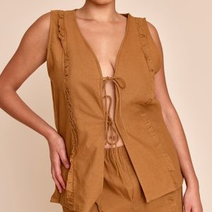 Plus Tan  Sleeveless Tie Front Top