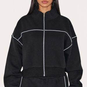 Petite Black Piping Detail Track Top