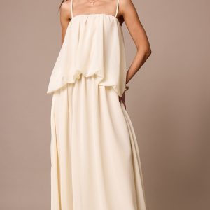 Cream Chiffon Layered Puffball Maxi Dress