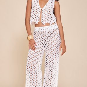 White Embroidered Straight Leg Trousers