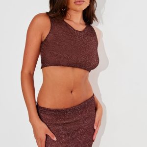 Chocolate Metallic Jersey Racer Open Back Crop Top