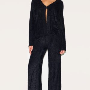 Black Textured Wide Leg Low Rise Trousers