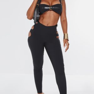 Shape Black Stretch Woven Cut Out Waist Buckle Trousers