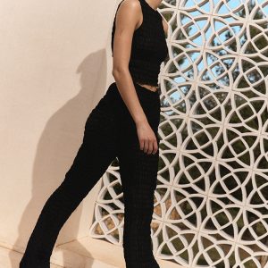 Black Shirred Chiffon Straight Leg Trousers