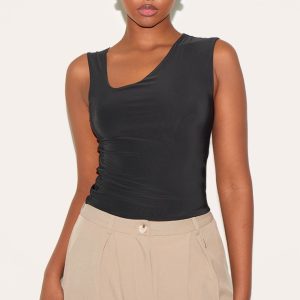 Black Slinky Asymmetric Detail Longline Vest Top