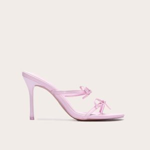 Baby Pink Satin Round Toe Bow Strap High Stiletto Heel Mules