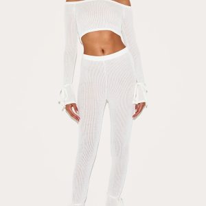 Cream Sheer Soft Rib Split Hem Tie Detail Leggings