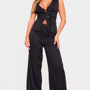 Black Woven Tailored Belt Detail Wide Leg Trousers