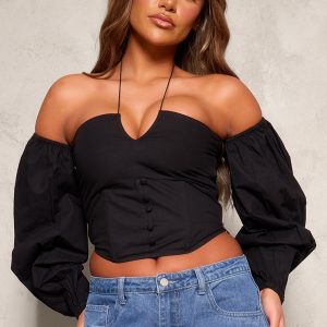Black Poplin Elastic Halter Bardot Top