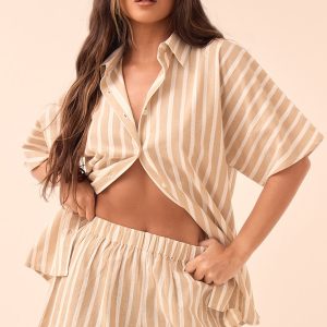 Stone Linen Look Stripe Oversized Boxy Shirt