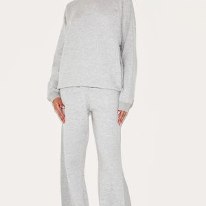 Ash Grey Panelled Rib Detail Wide Leg Joggers