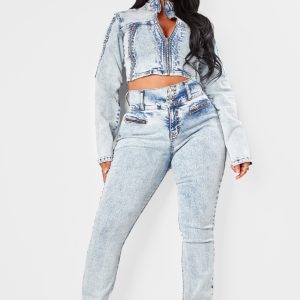 Shape Light Blue Denim High Waisted Ripped Hem Jeans