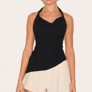 Black Textured Cowl Neck Asymmetric Hem Long Top
