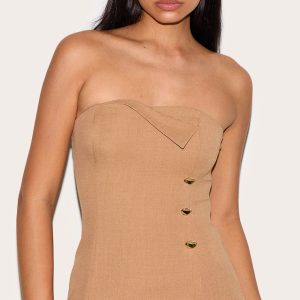 Tall Sand Fold Over Detail Tailored Bandeau Top