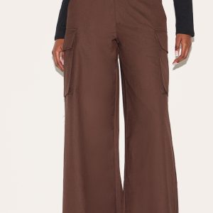 Deep Chocolate Woven Pocket Detail Straight Leg Trousers