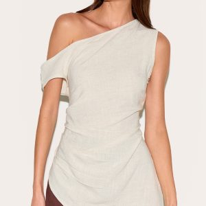 Taupe Linen Look One Shoulder Asymmetric Top