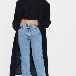 Light Blue Wash Asymmetric Waistband Long Straight Leg Jeans