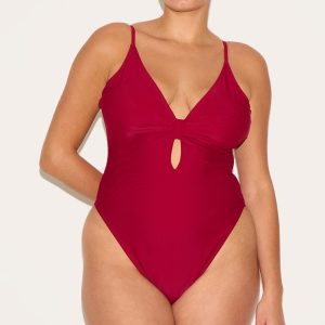 Plus Burgundy Knot Front Cut Out Swimsuit