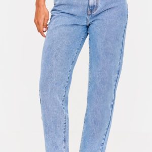 PRETTYLITTLETHING Mid Blue Wash High Waist Mom Jeans