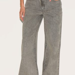 Grey Asymmetrical Waistband Wide Leg Jeans