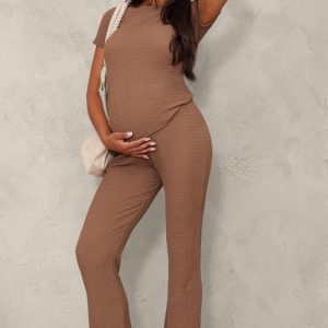 Maternity Taupe Elasticated Textured Flared Trousers