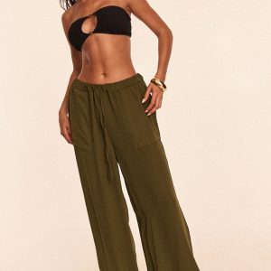 Khaki Linen Look Drawstring Beach Trousers