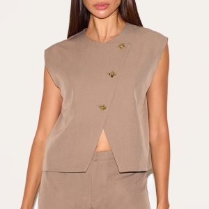 Mushroom Gold Trim Oversized Waistcoat