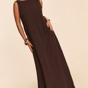 Chocolate Floaty Woven Boat Neck Maxi Beach Dress