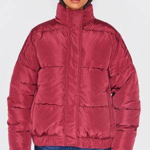 Burgundy Funnel Neck Padded Jacket