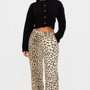Petite Brown Denim Leopard Print Straight Leg Jeans