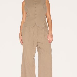 Plus Taupe Tailored Tie Detail Woven Wide Leg Trousers