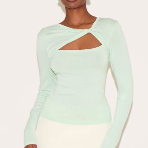 Mint Green Fine Knit Twist Neck Long Sleeve Top