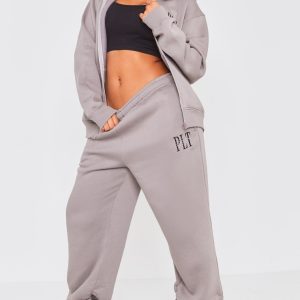 PRETTYLITTLETHING Shape Charcoal Embroidered Ruched Leg Joggers