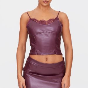 Burgundy Matte Faux Leather Lace Trim Cami Top