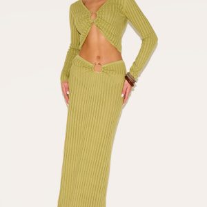 Olive Pointelle Knit Trim Split Maxi Skirt