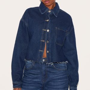 Indigo Raw Hem Cropped Denim Shirt