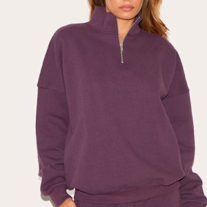 Dark Plum Premium High Neck Quarter Zip Oversized Sweatshirt
