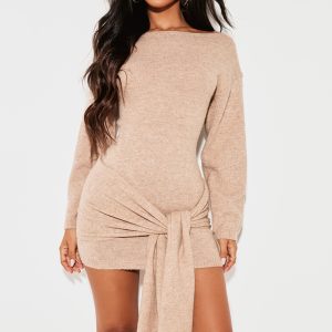 Petite Camel Knit Slouchy Mini Dress With Tie Wrap Around