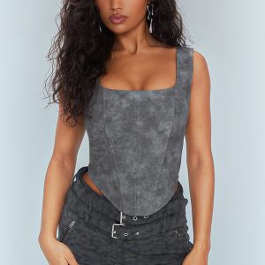 Black Washed Faux Leather Boned Corset