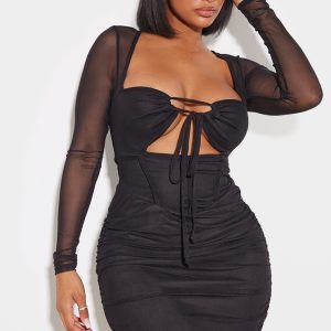 Shape Black Mesh Corset Detail Cut Out Bodycon Dress