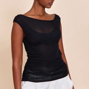 Black Sheer Soft Touch Cowl Neck Long Vest Top