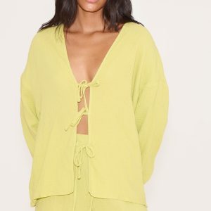 Chartreuse Cheesecloth Textured Tie Front Shirt