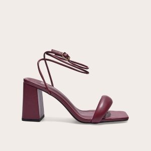 Burgundy PU Wide Fit Square Toe Padded Block Heeled Sandals