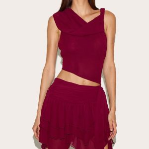 Wine Drape Detail Asymmetric Chiffon Top